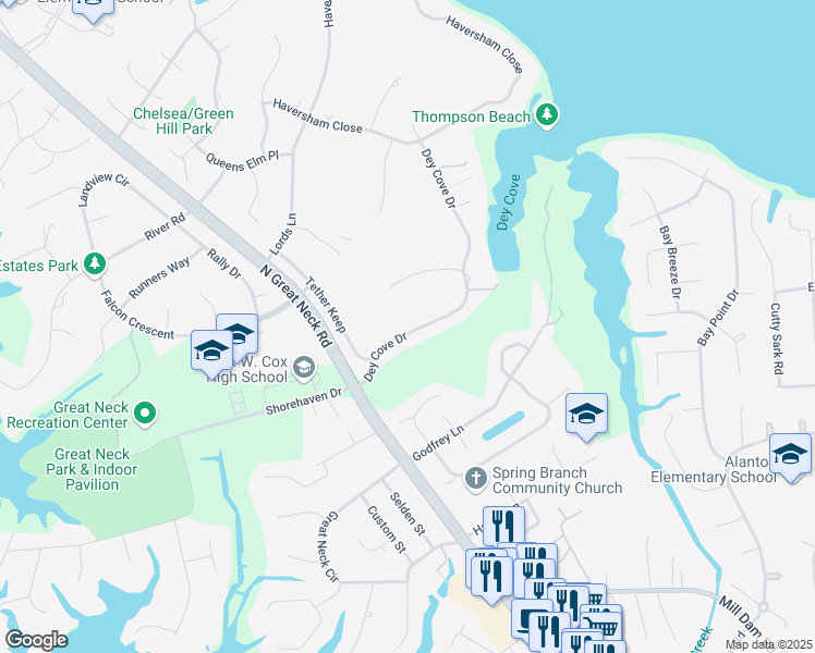 map of restaurants, bars, coffee shops, grocery stores, and more near 1629 Dey Cove Drive in Virginia Beach