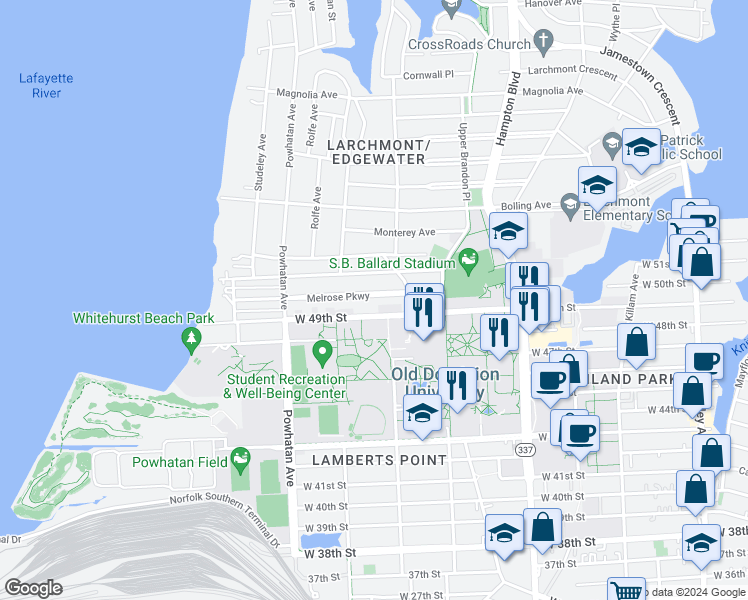 map of restaurants, bars, coffee shops, grocery stores, and more near 1417 Melrose Parkway in Norfolk