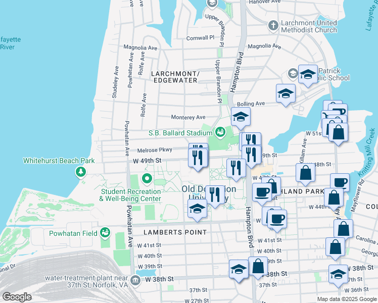 map of restaurants, bars, coffee shops, grocery stores, and more near 1337 Melrose Parkway in Norfolk