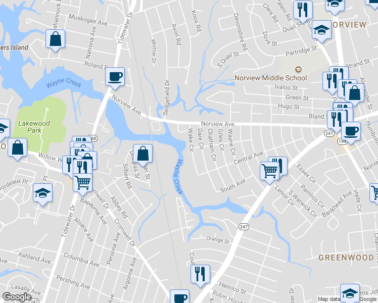 map of restaurants, bars, coffee shops, grocery stores, and more near 3847 Wake Circle in Norfolk