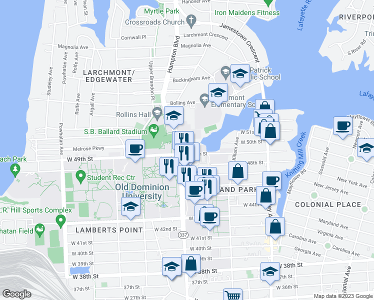 map of restaurants, bars, coffee shops, grocery stores, and more near 4902 Hampton Boulevard in Norfolk