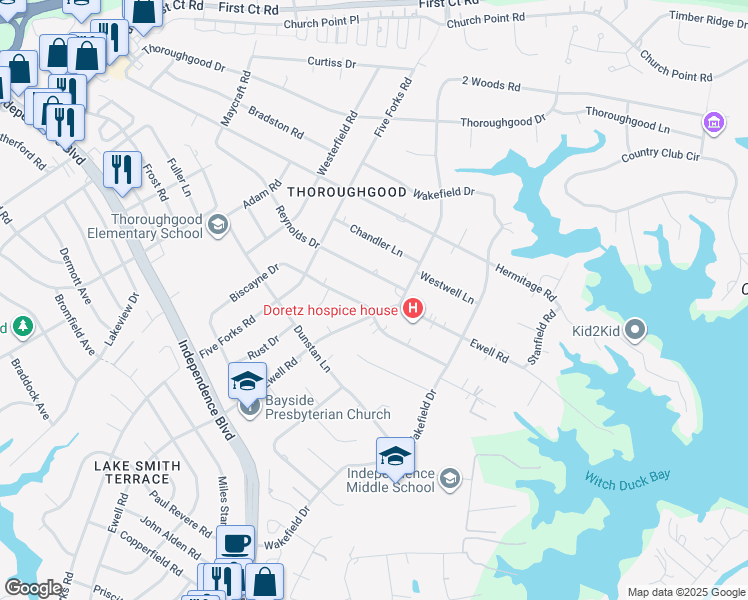 map of restaurants, bars, coffee shops, grocery stores, and more near 4404 Delray Drive in Virginia Beach