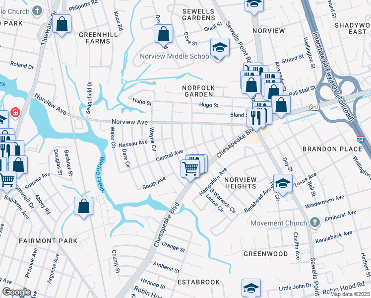 map of restaurants, bars, coffee shops, grocery stores, and more near 3747 Abingdon Circle in Norfolk