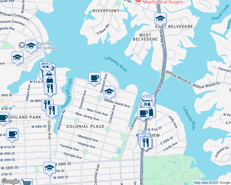 map of restaurants, bars, coffee shops, grocery stores, and more near 5007 Colonial Avenue in Norfolk