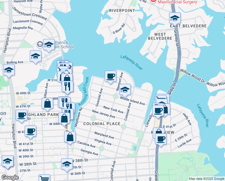 map of restaurants, bars, coffee shops, grocery stores, and more near 611 Massachusetts Avenue in Norfolk