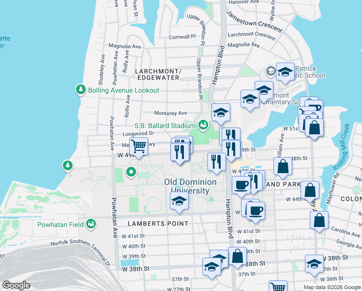 map of restaurants, bars, coffee shops, grocery stores, and more near 1305 Melrose Parkway in Norfolk