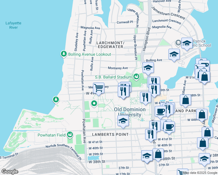 map of restaurants, bars, coffee shops, grocery stores, and more near 1417 Melrose Parkway in Norfolk