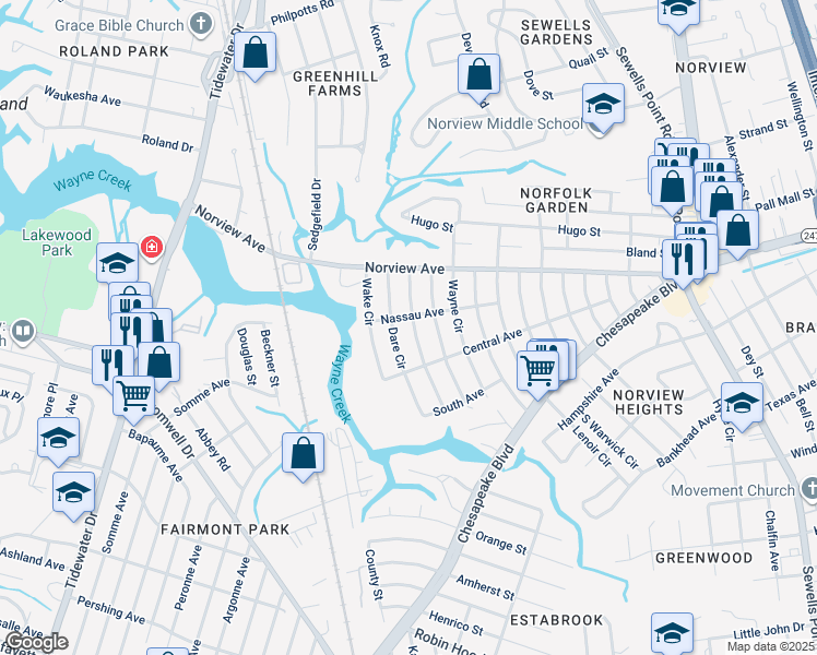 map of restaurants, bars, coffee shops, grocery stores, and more near 3835 Chatham Circle in Norfolk