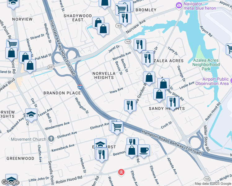 map of restaurants, bars, coffee shops, grocery stores, and more near 5273 Iowa Avenue in Norfolk