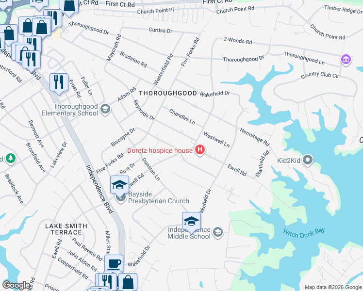 map of restaurants, bars, coffee shops, grocery stores, and more near 4404 Delray Drive in Virginia Beach