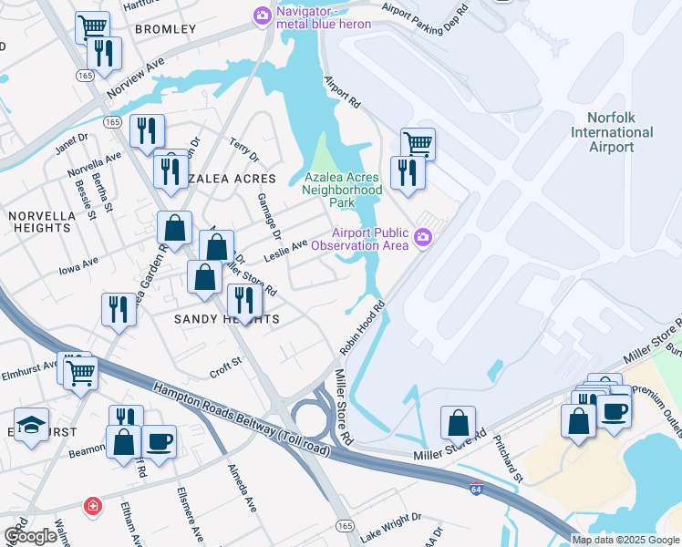 map of restaurants, bars, coffee shops, grocery stores, and more near 3378 Finch Avenue in Norfolk