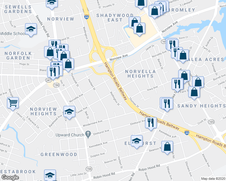 map of restaurants, bars, coffee shops, grocery stores, and more near 5148 Texas Avenue in Norfolk