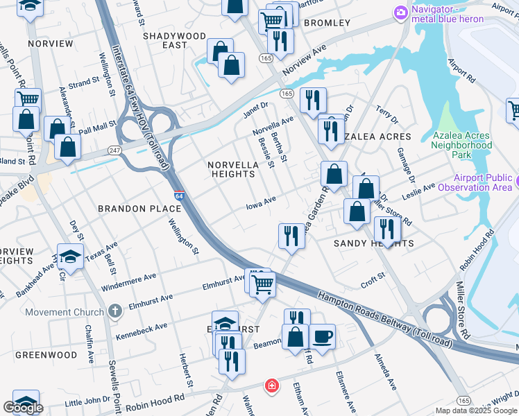 map of restaurants, bars, coffee shops, grocery stores, and more near 5273 Iowa Avenue in Norfolk