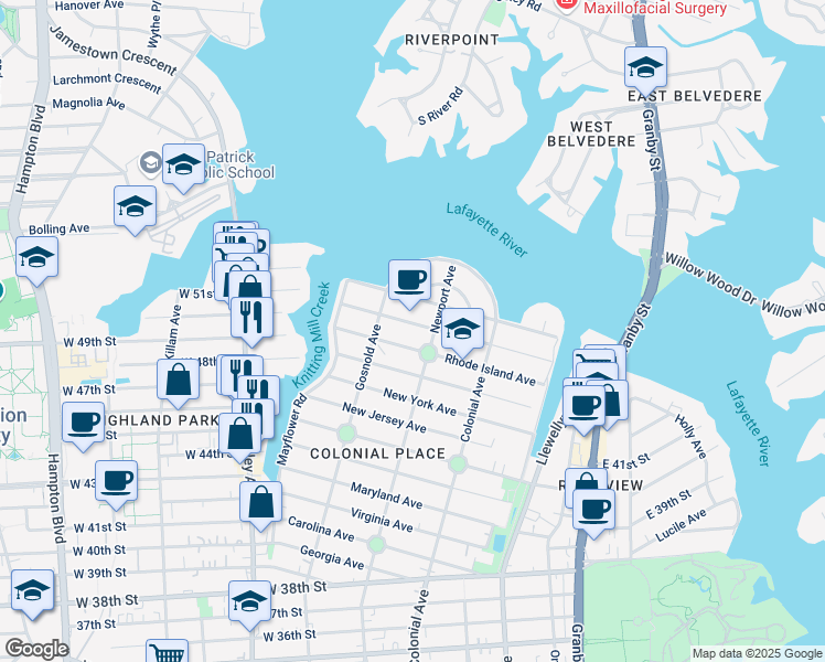 map of restaurants, bars, coffee shops, grocery stores, and more near 615 Massachusetts Ave in Norfolk