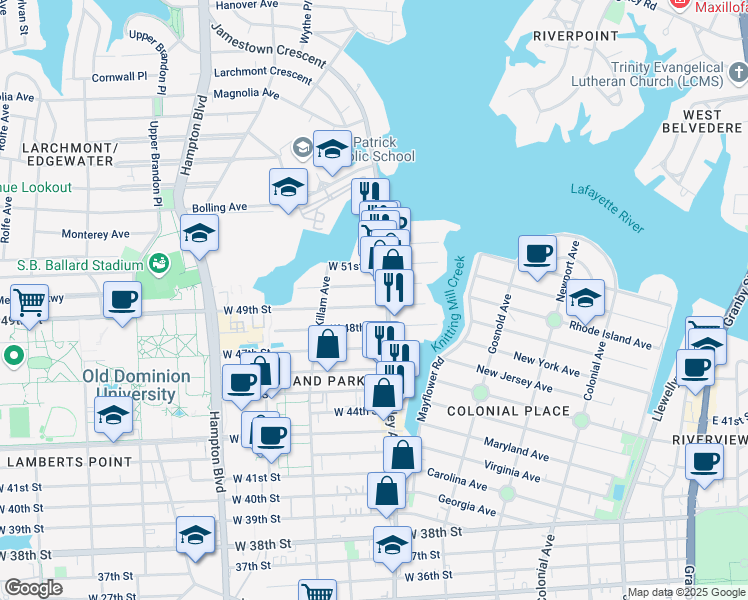 map of restaurants, bars, coffee shops, grocery stores, and more near 810 West 49th Street in Norfolk