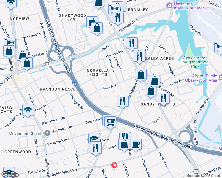 map of restaurants, bars, coffee shops, grocery stores, and more near 3443 Christopher Court in Norfolk