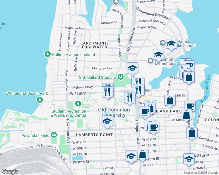 map of restaurants, bars, coffee shops, grocery stores, and more near 1305 Melrose Parkway in Norfolk