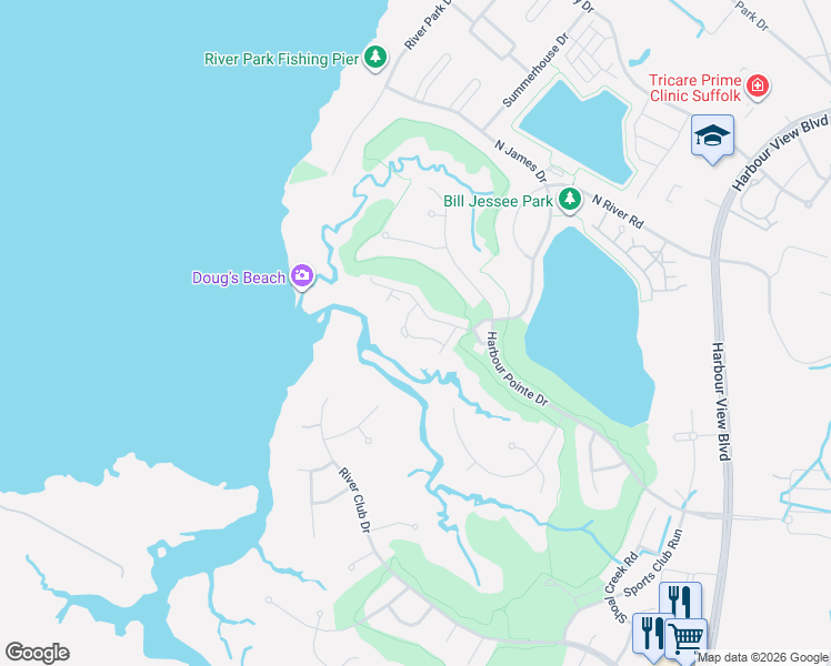 map of restaurants, bars, coffee shops, grocery stores, and more near 3023 Bay Shore Lane in Suffolk