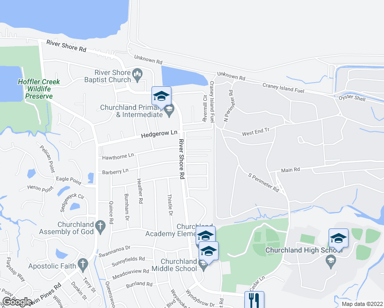 map of restaurants, bars, coffee shops, grocery stores, and more near 5645 Gregory Court in Portsmouth