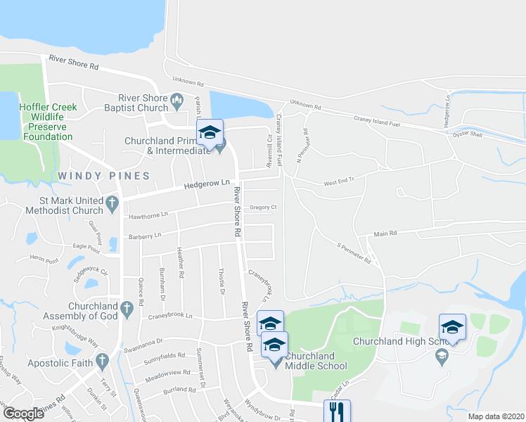 map of restaurants, bars, coffee shops, grocery stores, and more near 5625 Gregory Court in Portsmouth