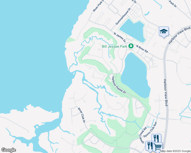 map of restaurants, bars, coffee shops, grocery stores, and more near 3023 Bay Shore Lane in Suffolk