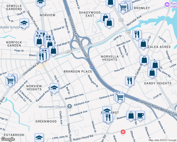 map of restaurants, bars, coffee shops, grocery stores, and more near 5148 Texas Avenue in Norfolk