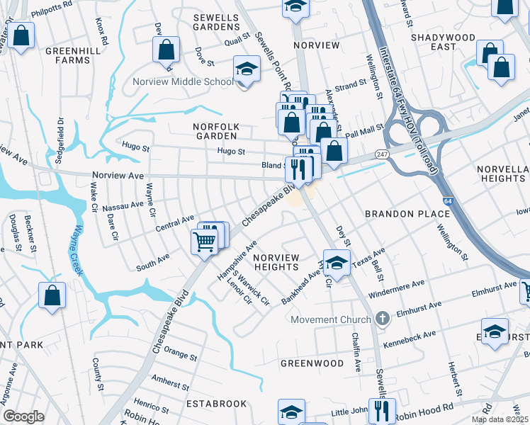 map of restaurants, bars, coffee shops, grocery stores, and more near 5940 Chesapeake Boulevard in Norfolk