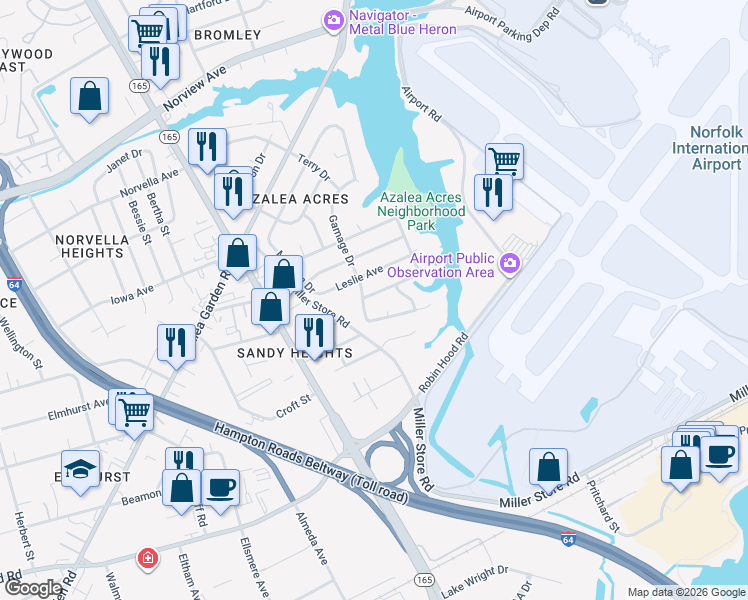 map of restaurants, bars, coffee shops, grocery stores, and more near 5810 Hartwick Court in Norfolk