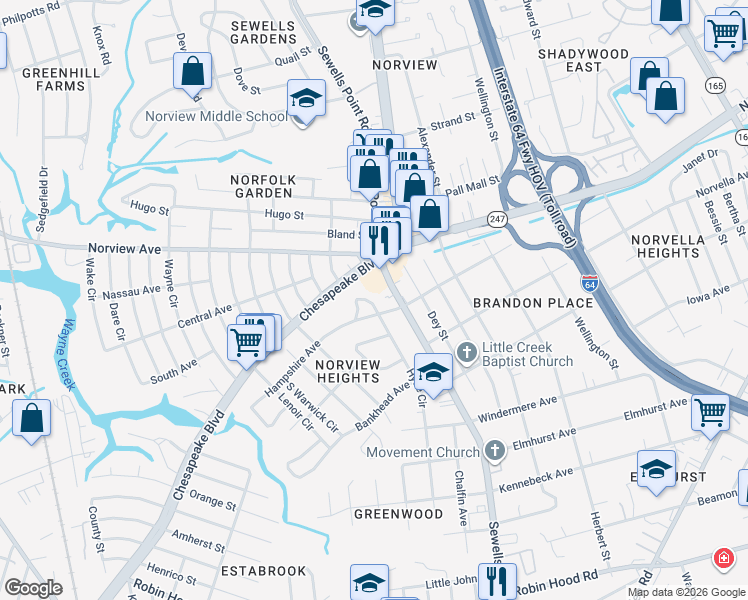 map of restaurants, bars, coffee shops, grocery stores, and more near 3669 Hyde Circle in Norfolk