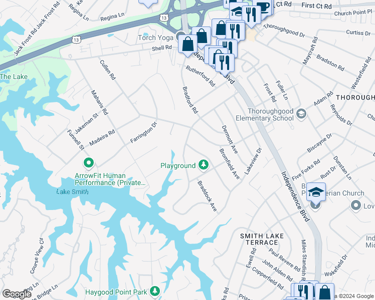 map of restaurants, bars, coffee shops, grocery stores, and more near 1384 Lakeside Road in Virginia Beach