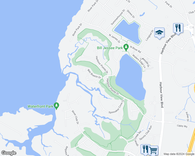 map of restaurants, bars, coffee shops, grocery stores, and more near 1008 Bay Breeze Drive in Suffolk
