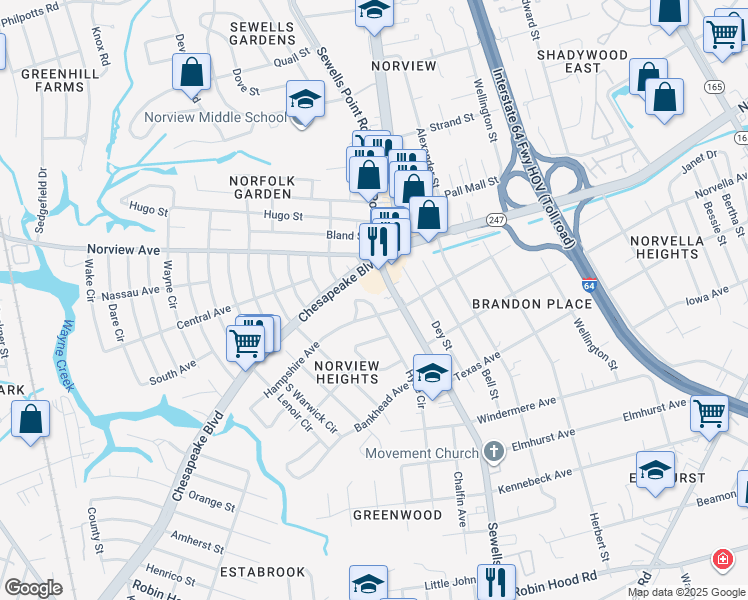 map of restaurants, bars, coffee shops, grocery stores, and more near 3669 Hyde Circle in Norfolk