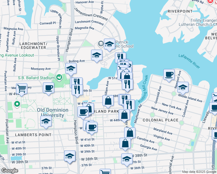 map of restaurants, bars, coffee shops, grocery stores, and more near 4910 Killam Avenue in Norfolk