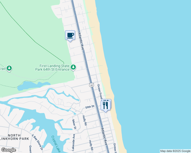 map of restaurants, bars, coffee shops, grocery stores, and more near 113 62nd Street in Virginia Beach