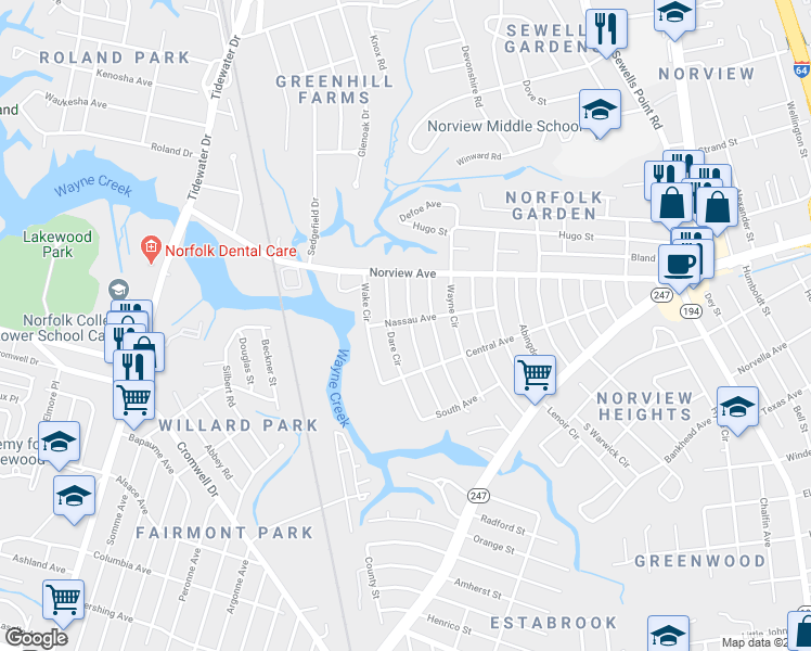 map of restaurants, bars, coffee shops, grocery stores, and more near 3835 Chatham Circle in Norfolk