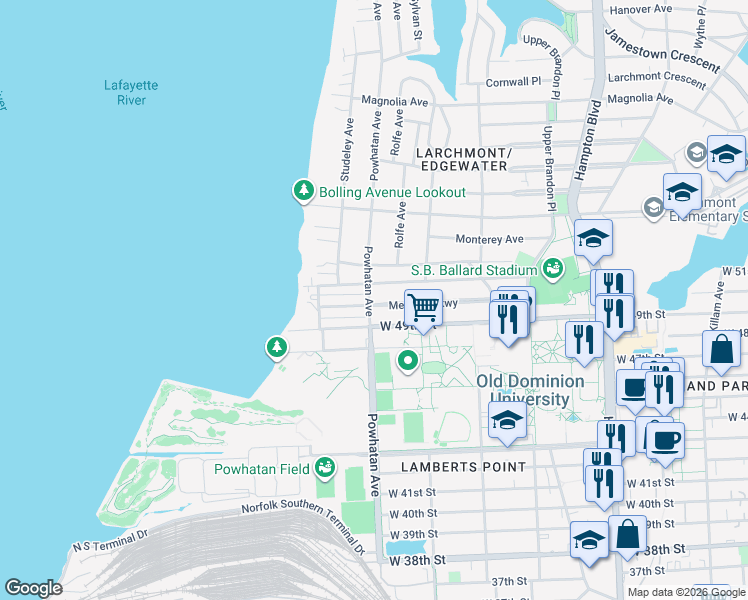 map of restaurants, bars, coffee shops, grocery stores, and more near 4912 Powhatan Avenue in Norfolk