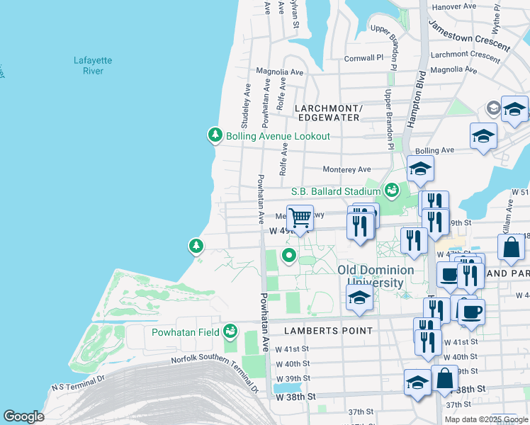 map of restaurants, bars, coffee shops, grocery stores, and more near 4912 Powhatan Avenue in Norfolk