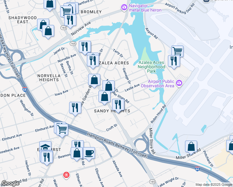 map of restaurants, bars, coffee shops, grocery stores, and more near 3419 Malvern Drive in Norfolk