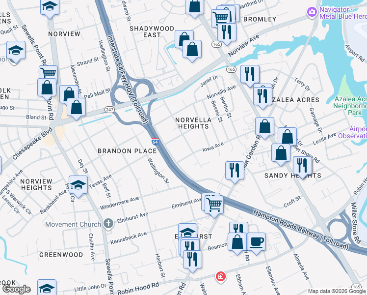 map of restaurants, bars, coffee shops, grocery stores, and more near 5220 Iowa Avenue in Norfolk