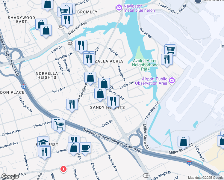 map of restaurants, bars, coffee shops, grocery stores, and more near 3419 Malvern Drive in Norfolk