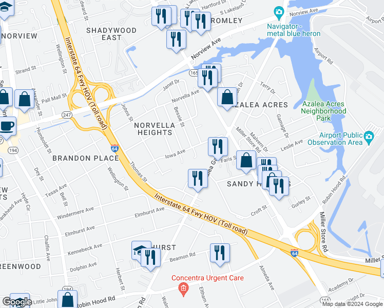 map of restaurants, bars, coffee shops, grocery stores, and more near 3443 Jacquelyn Court in Norfolk