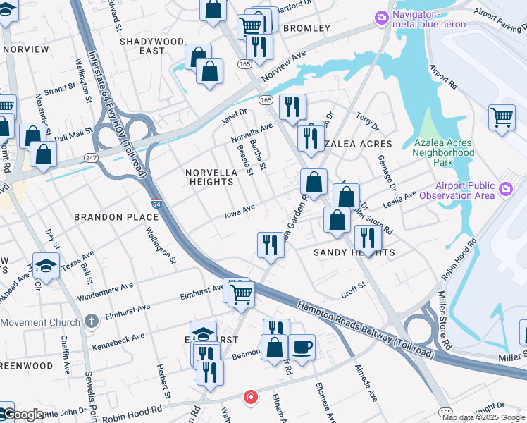 map of restaurants, bars, coffee shops, grocery stores, and more near 3443 Jacquelyn Court in Norfolk