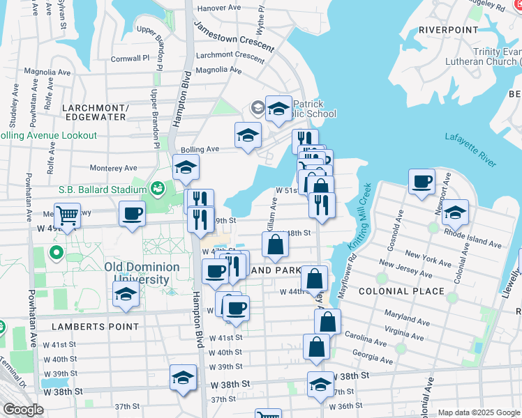 map of restaurants, bars, coffee shops, grocery stores, and more near 1015 West 50th Street in Norfolk