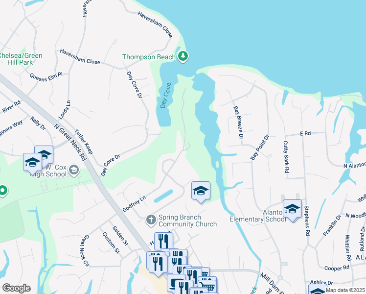 map of restaurants, bars, coffee shops, grocery stores, and more near North Great Neck Road in Virginia Beach
