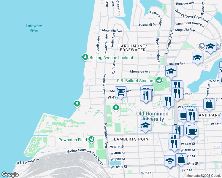 map of restaurants, bars, coffee shops, grocery stores, and more near 1532 Melrose Parkway in Norfolk