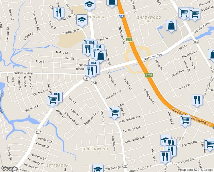 map of restaurants, bars, coffee shops, grocery stores, and more near 3625 Bell Street in Norfolk