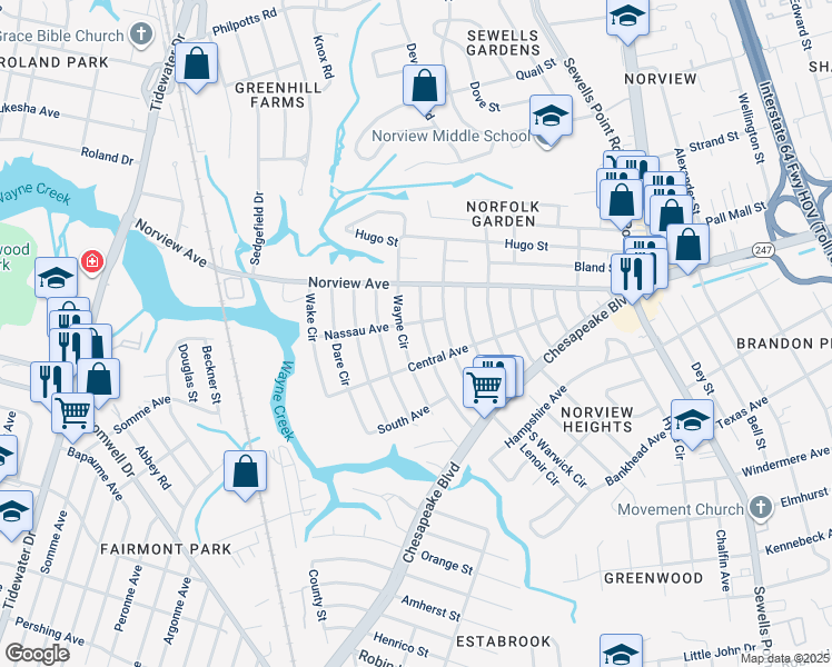 map of restaurants, bars, coffee shops, grocery stores, and more near 3810 Nansemond Circle in Norfolk