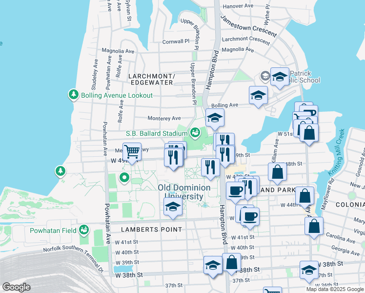 map of restaurants, bars, coffee shops, grocery stores, and more near 1305 Melrose Parkway in Norfolk