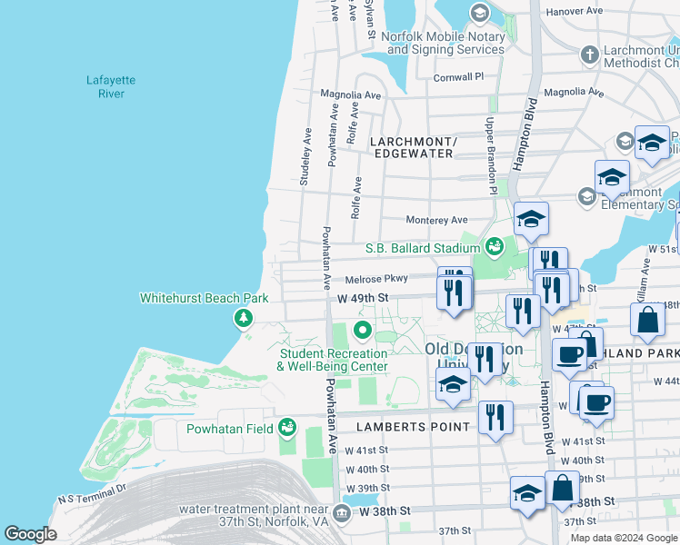map of restaurants, bars, coffee shops, grocery stores, and more near 4912 Powhatan Avenue in Norfolk