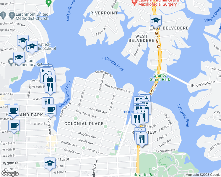 map of restaurants, bars, coffee shops, grocery stores, and more near 515 New Hampshire Avenue in Norfolk